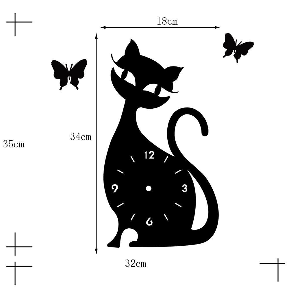 Quartz wall clock bedroom living room wall clock creative cute black cat wall sticker clock PearlNestDecor.com