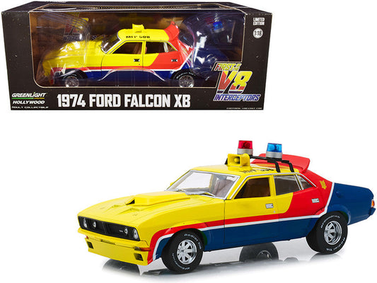1974 Ford Falcon XB 4-Door Sedan RHD (Right Hand Drive) Yellow and Blue with Red Stripes "MFP 508" "First of the V8 Interceptors" (1979) Movie 1/18 Diecast Model Car by Greenlight LuxuryLifeWay Online Store