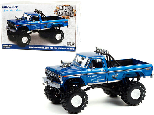 1974 Ford F-250 Ranger XLT Monster Truck with 48-Inch Tires Blue Metallic "Midwest Four Wheel Drive Center" "Kings of Crunch" Series 1/18 Diecast Model Car by Greenlight LuxuryLifeWay Online Store