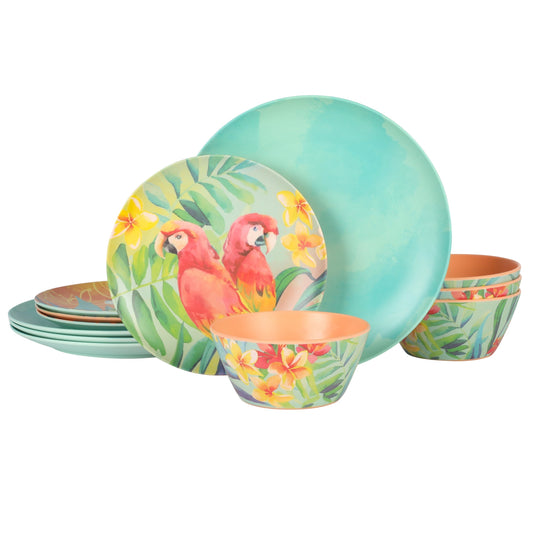 Laurie Gates Tropical Parrots 12 Piece Melamine Dinnerware Set in Assorted Designs LuxuryLifeWay Online Store