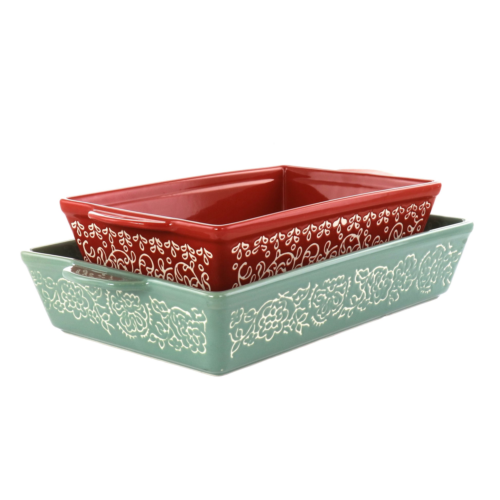 Laurie Gates 2 Piece Tierra Wax Relief Stoneware Baker Set in Red and Mint LuxuryLifeWay Online Store