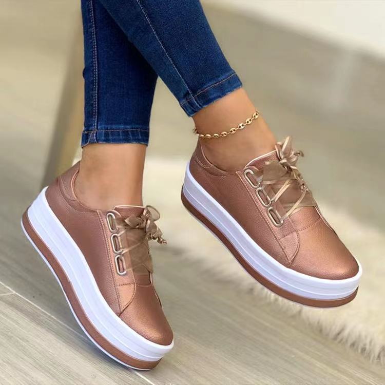 Single Large Size Casual European And American Lace-up Flat Round Toe Platform Women's Shoes CJD