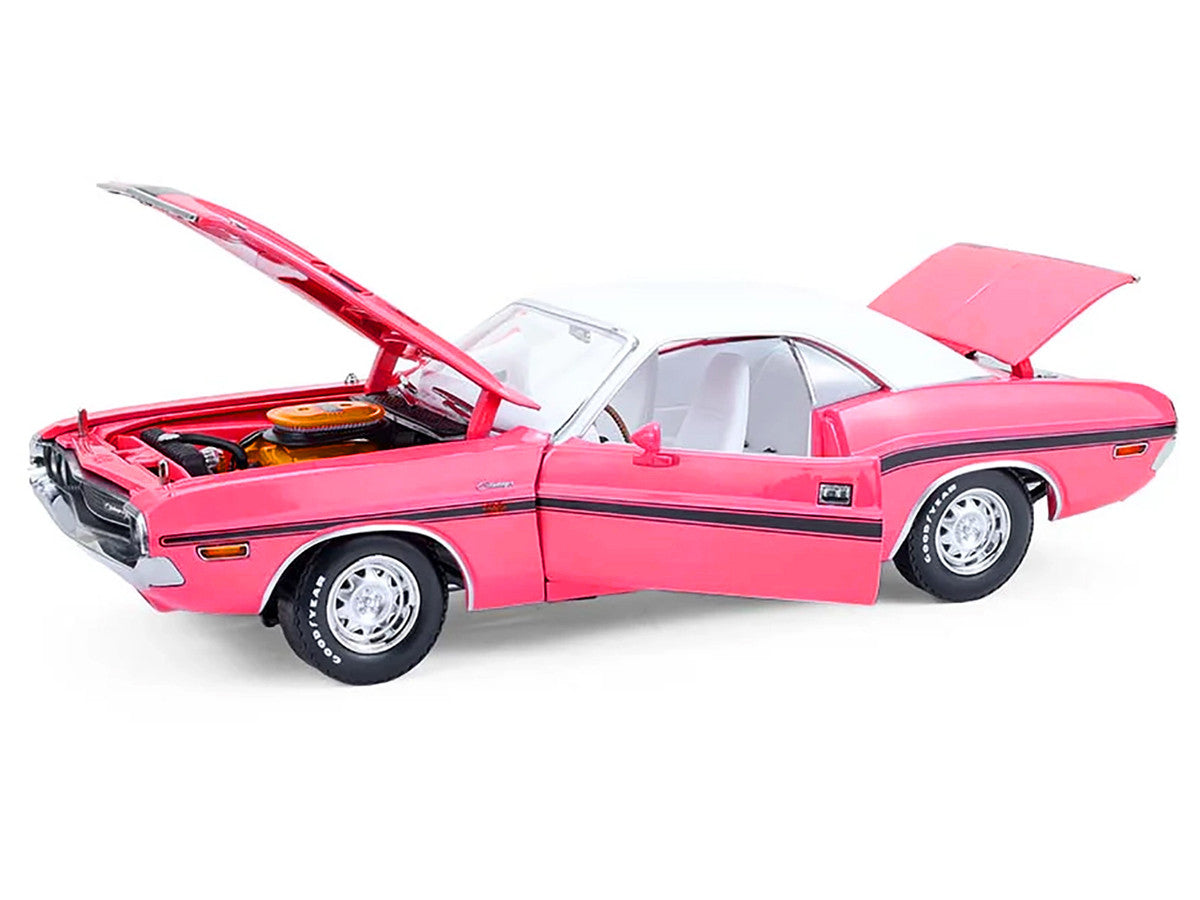 1970 Dodge Challenger R/T 440 Six Pack Panther Pink with Black Stripes White Top and White Interior 1/18 Diecast Model Car by Greenlight LuxuryLifeWay Online Store