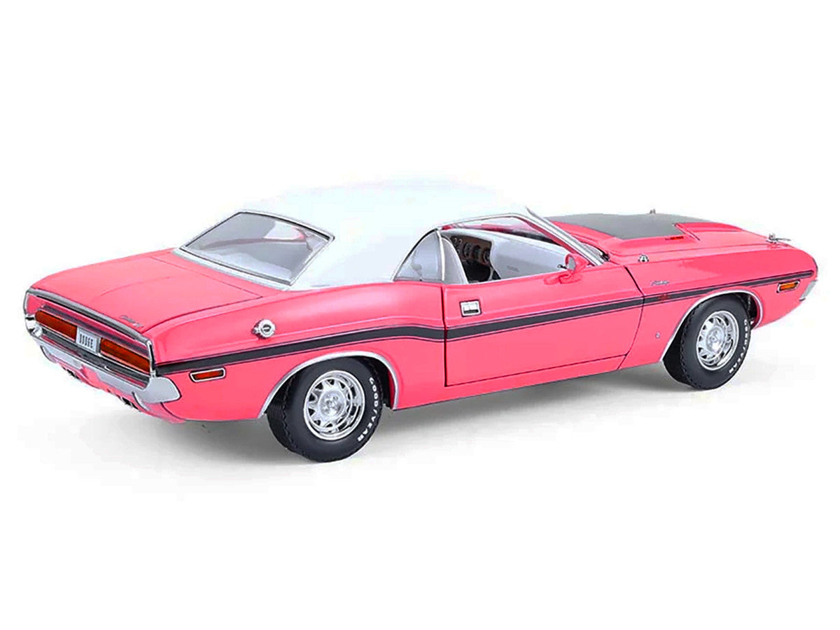 1970 Dodge Challenger R/T 440 Six Pack Panther Pink with Black Stripes White Top and White Interior 1/18 Diecast Model Car by Greenlight LuxuryLifeWay Online Store