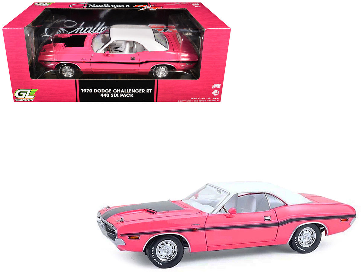 1970 Dodge Challenger R/T 440 Six Pack Panther Pink with Black Stripes White Top and White Interior 1/18 Diecast Model Car by Greenlight LuxuryLifeWay Online Store