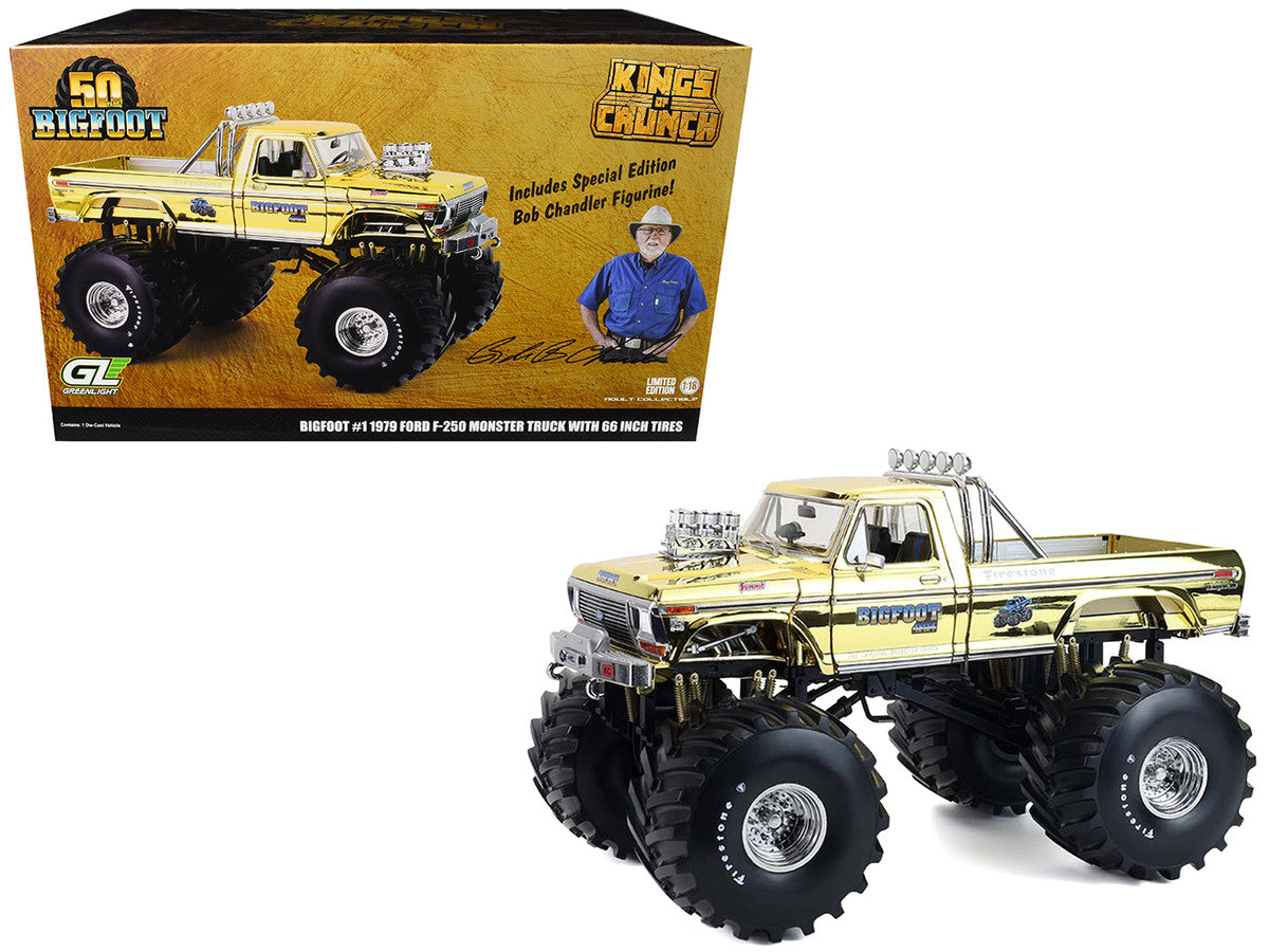 1979 Ford F-250 Monster Truck "Bigfoot #1 50th Anniversary" Gold Chrome with Bob Chandler Standing Figure "Kings of Crunch" Series 1/18 Diecast Model Car by Greenlight LuxuryLifeWay Online Store