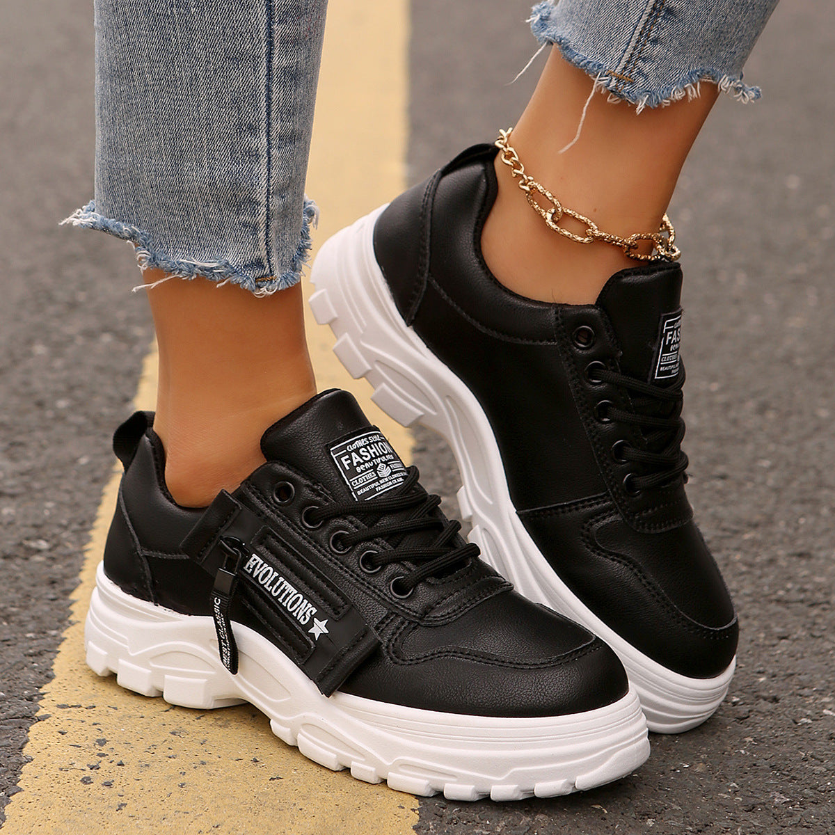 Lace-up Sports Shoes With Side-Zipper Design Fashion Thick-soled Round-toe Casual Shoes For Women Sneakers CJD