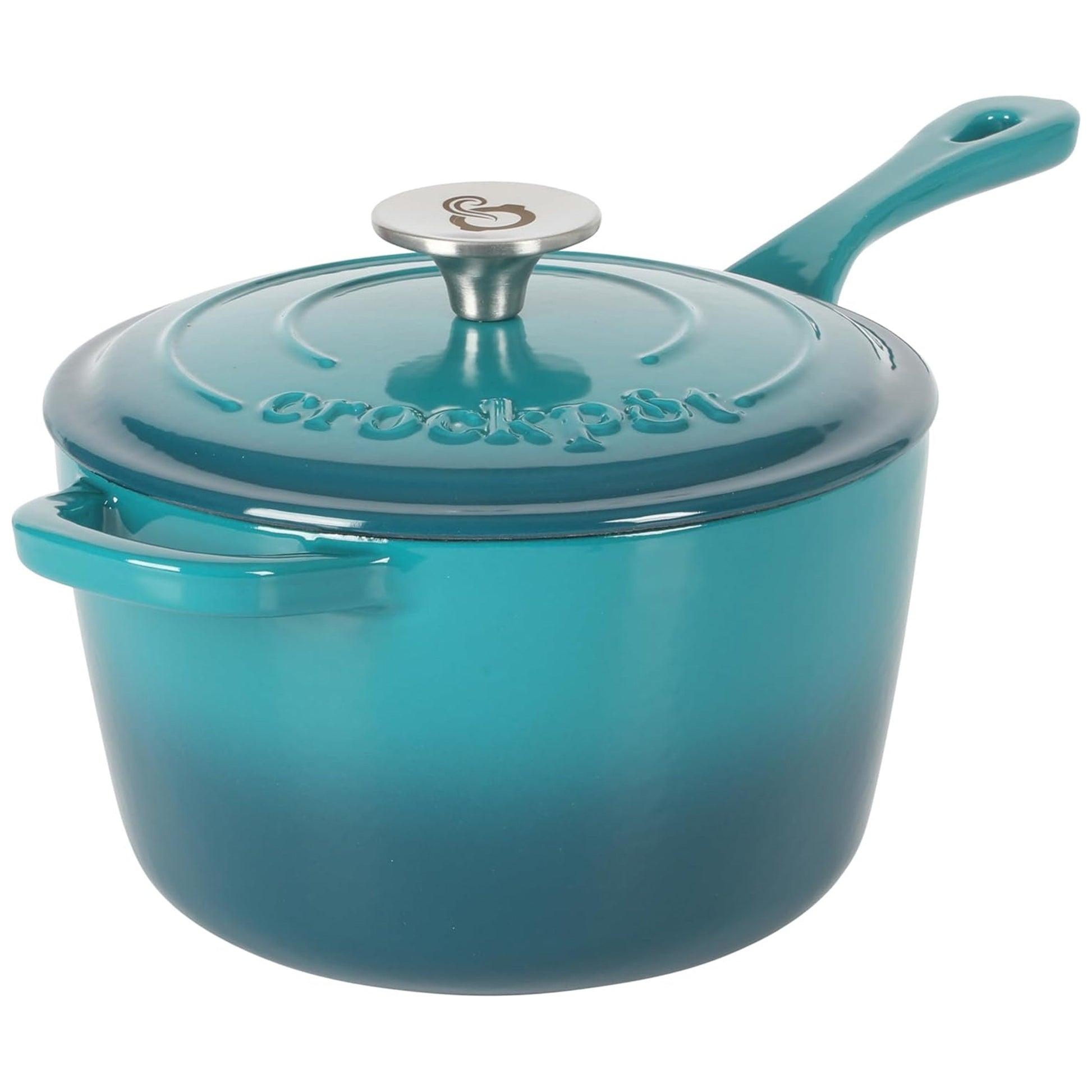 Crock-Pot Artisan 3 Quart Enameled Cast Iron Saucepan with Lid in Teal and Silver LuxuryLifeWay Online Store