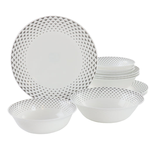 Ultra by Gibson Cane Peak 12 Piece Opal Glass Dinnerware Set in White With Grey Accents LuxuryLifeWay Online Store