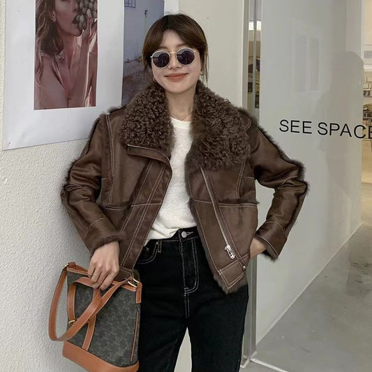 Women's Young Lamb Wool Short Stitching Coat Best YouTube Store