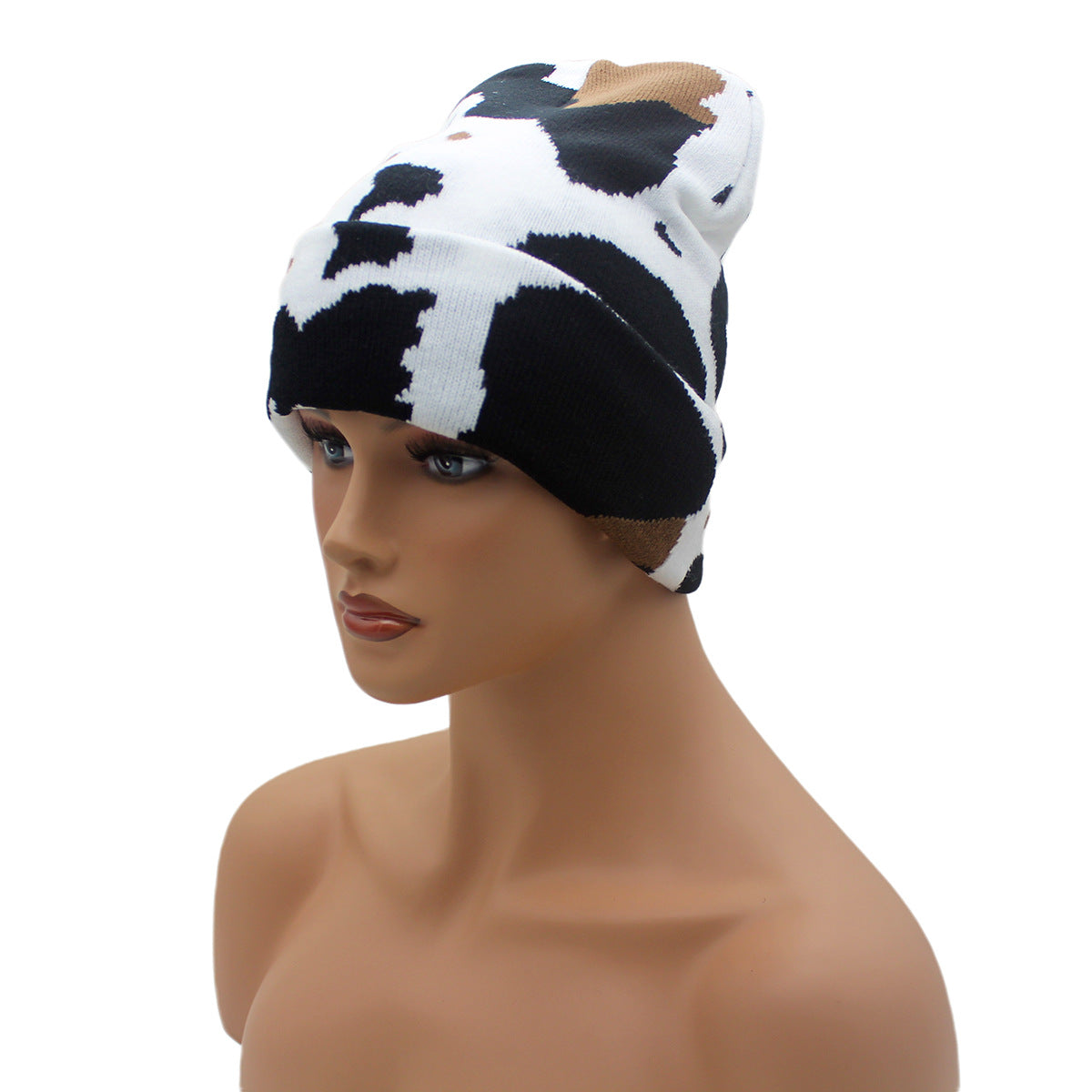 Winter Warm Cow Pattern Knitted Hat For Men And Women Curled Edge Woolen Hat