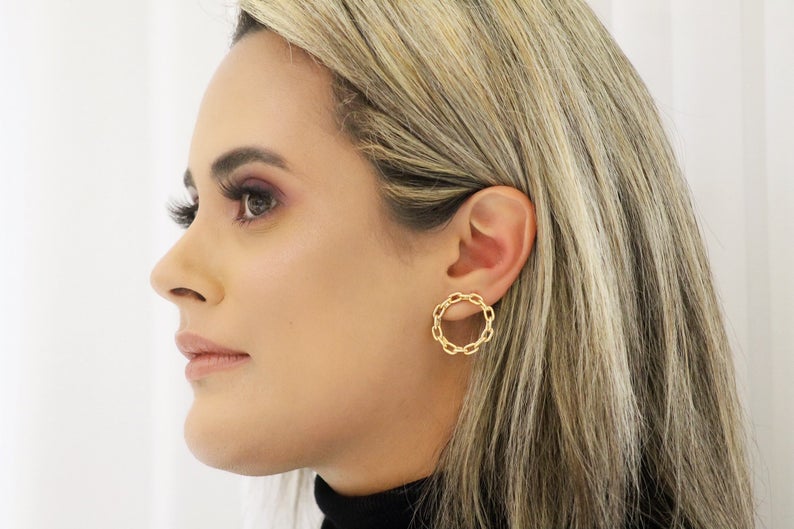 Round Gold Link Stud Earring  (K170) LuxuryLifeWay Online Store
