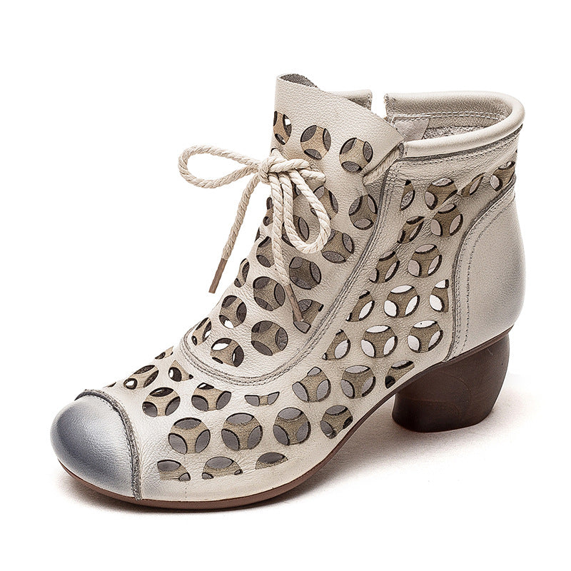 Comfortable Leather Women's Shoes Round Toe Mid Heel Chunky Heel Lace Up Sandals LadyShow.Store