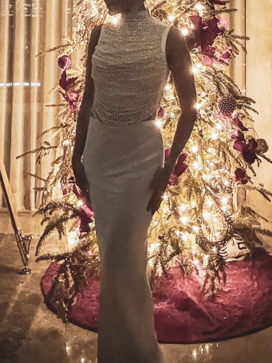 Elegant Sleeveless Tassel-trimmed Zippered Satin Fishtail Maxi Dress Set NorixaFashion.com
