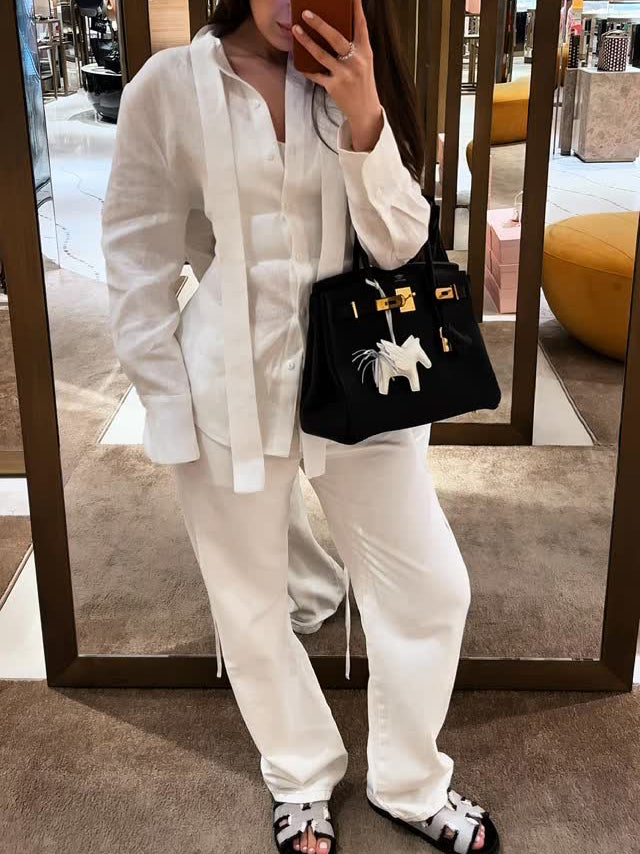 White Linen Tie Long Sleeve Shirt NorixaFashion.com