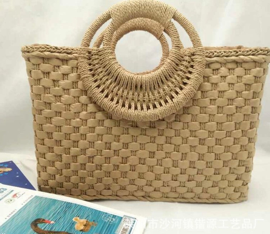 Wooden handle beach bag handbag