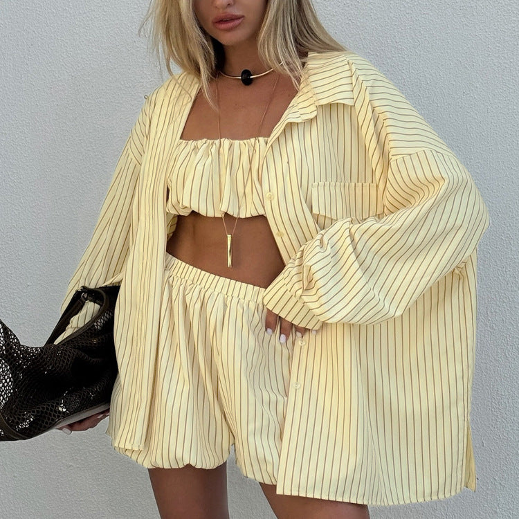 Women's Striped 3 Piece Outfit Set&Oversized Button Down Shirt&Crop Tube Top&Elastic Shorts&Yellow Casual Loungewear NorixaFashion.com