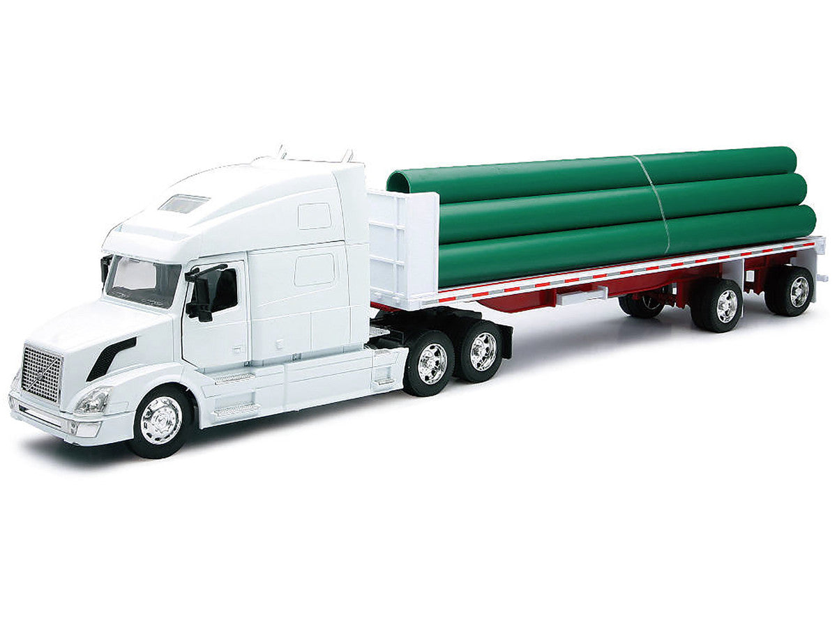 Volvo VN-780 Truck with Flatbed Trailer and Long Pipes White "Long Haul Truckers" Series 1/32 Diecast Model by New Ray LuxuryLifeWay Online Store