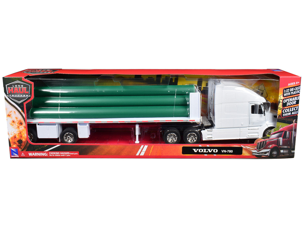 Volvo VN-780 Truck with Flatbed Trailer and Long Pipes White "Long Haul Truckers" Series 1/32 Diecast Model by New Ray LuxuryLifeWay Online Store