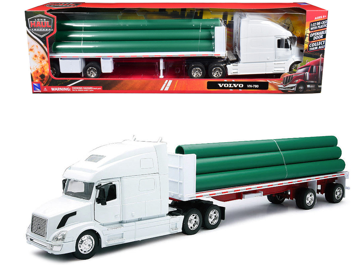 Volvo VN-780 Truck with Flatbed Trailer and Long Pipes White "Long Haul Truckers" Series 1/32 Diecast Model by New Ray LuxuryLifeWay Online Store