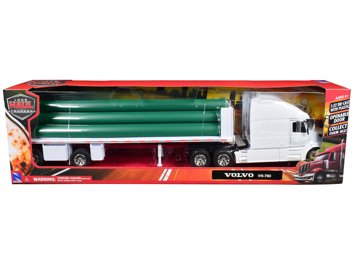 Volvo VN-780 Truck with Flatbed Trailer and Long Pipes White "Long Haul Truckers" Series 1/32 Diecast Model by New Ray LuxuryLifeWay Online Store