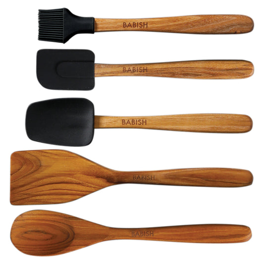 Babish 5 Piece Wood and Silicone Essential Kitchen Tool Set in Brown LuxuryLifeWay Online Store