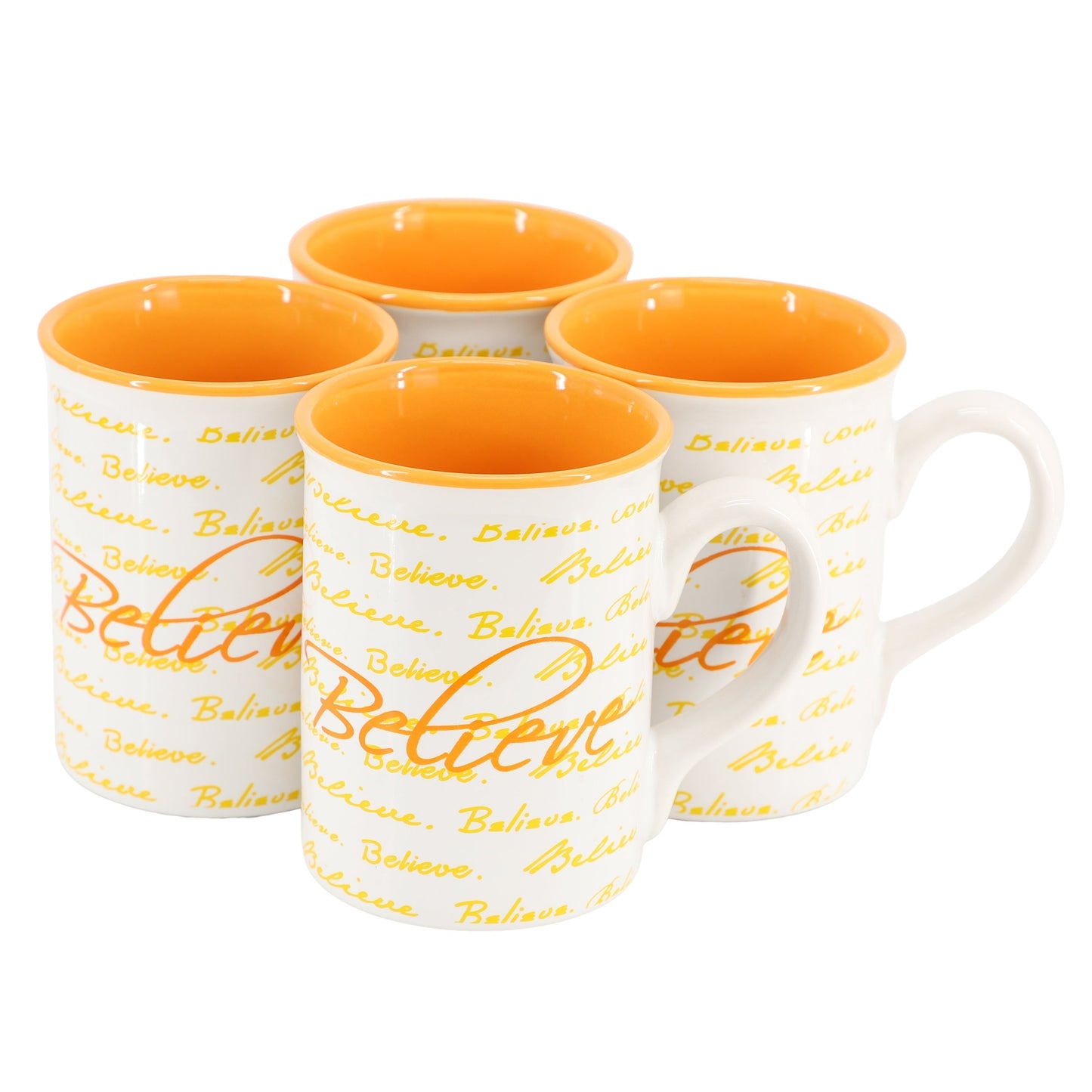 Gibson Home Inspirational Words Believe 4 Piece 16 Ounce Stoneware Mug Set in Orange LuxuryLifeWay Online Store