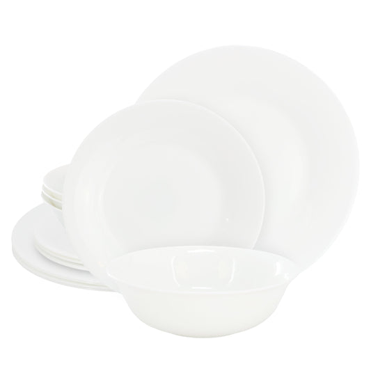 Gibson Ultra White Shadow 12 Piece Opal Glass Dinnerware Set in White LuxuryLifeWay Online Store