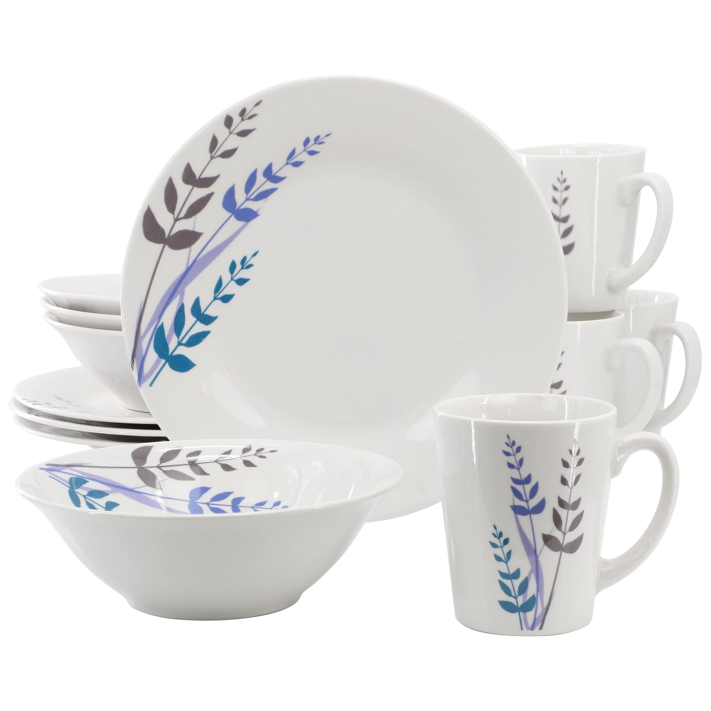 Gibson Home Blue Leaves 12 Piece Round Fine Ceramic Decorated Dinnerware Set in White LuxuryLifeWay Online Store