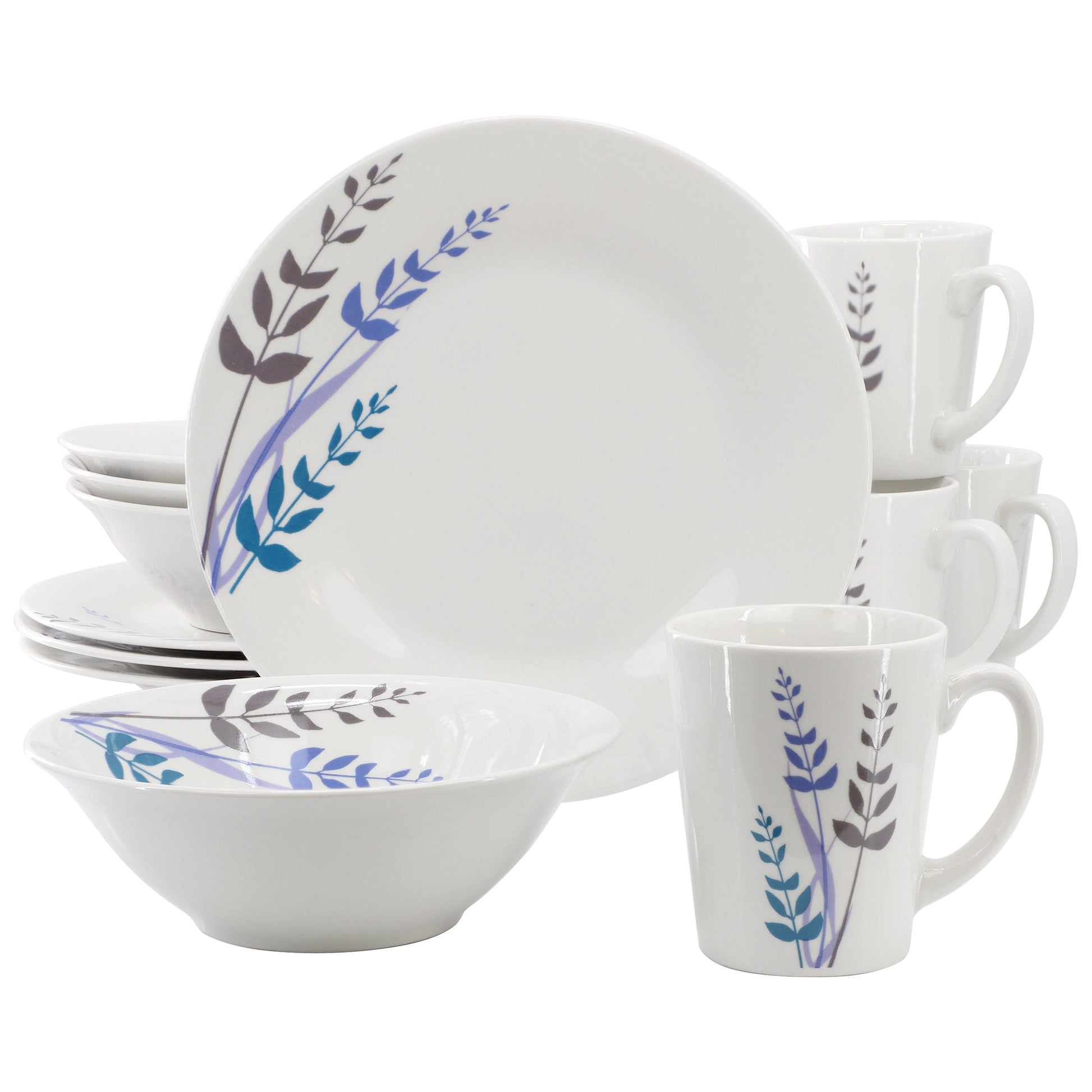 Gibson Home Blue Leaves 12 Piece Round Fine Ceramic Decorated Dinnerware Set in White LuxuryLifeWay Online Store