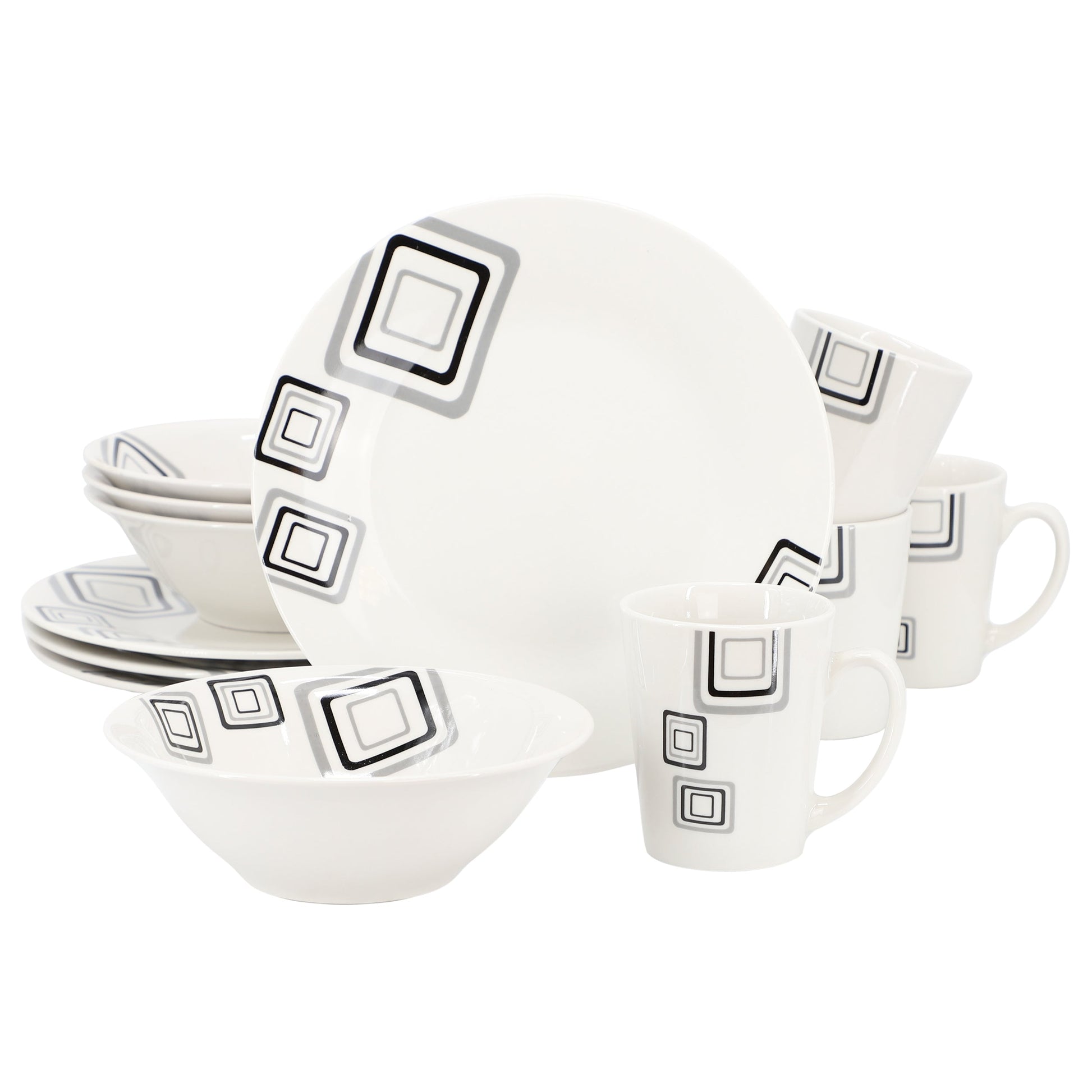 Gibson Home Black Squares 12 Piece Round Fine Ceramic Dinnerware Set in White LuxuryLifeWay Online Store