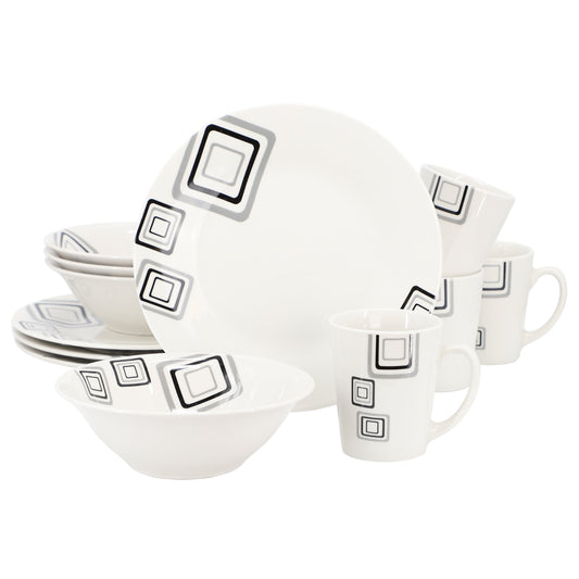 Gibson Home Black Squares 12 Piece Round Fine Ceramic Dinnerware Set in White LuxuryLifeWay Online Store