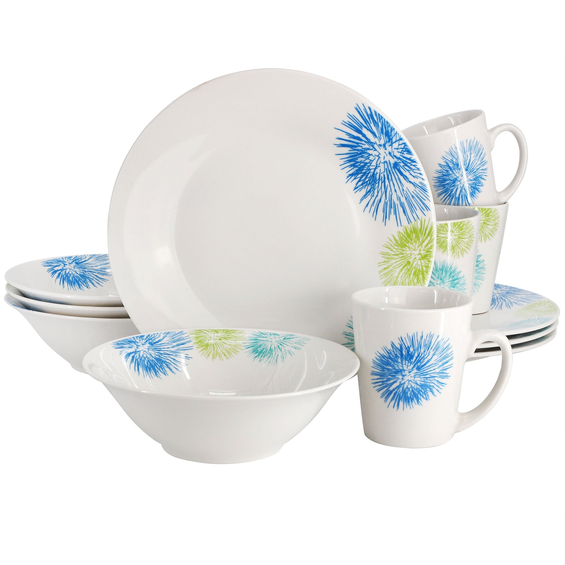 Gibson Home Blue Meadow 12 Piece Fine Ceramic Dinnerware Set in White with Colored Accents LuxuryLifeWay Online Store