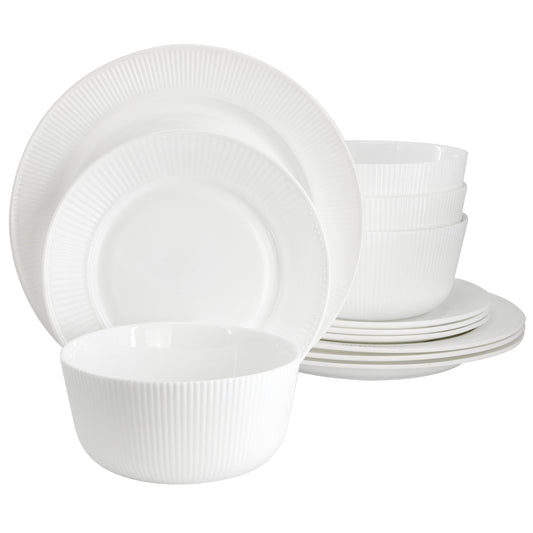 Ultra by Gibson Swanton Stripe 12 Piece Break-Resistant Opal Glass Dinnerware Set in White LuxuryLifeWay Online Store