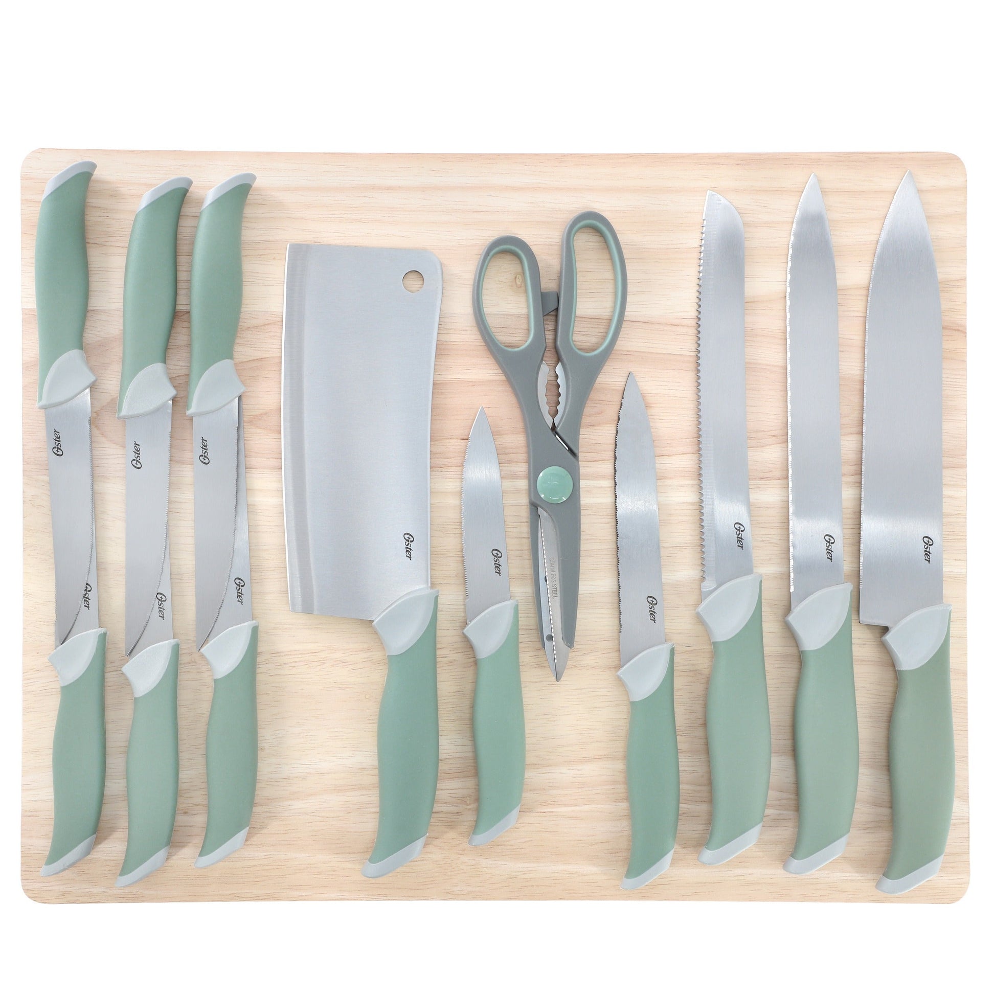 Oster Linbergh 14 Piece Stainless Steel Cutlery and Cutting Board Set in Green with Soft-Grip Handles LuxuryLifeWay Online Store