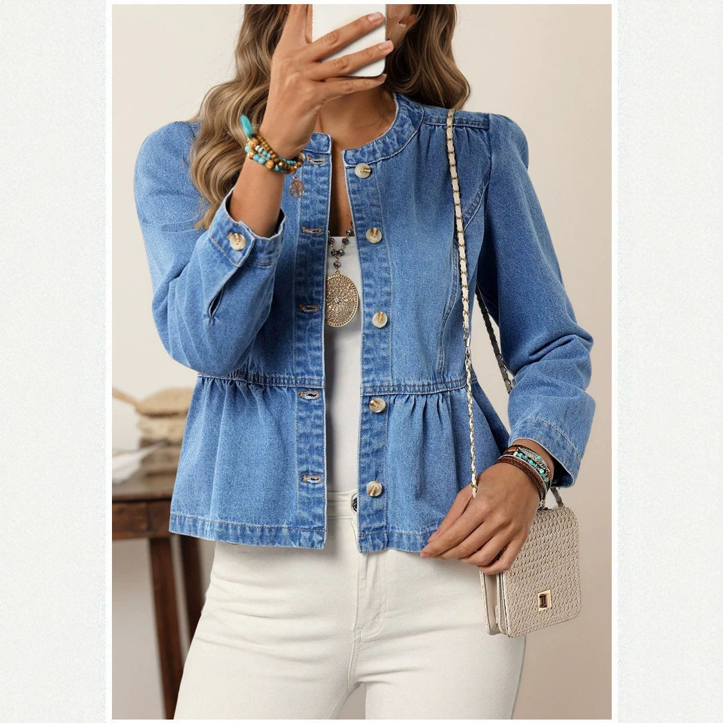 Cross-Border Denim Jacket For Women, Short Style, 2026 Spring And Autumn New Popular Model, European And American Casual Versatile Round Neck Puff Sleeves NorixaFashion.com