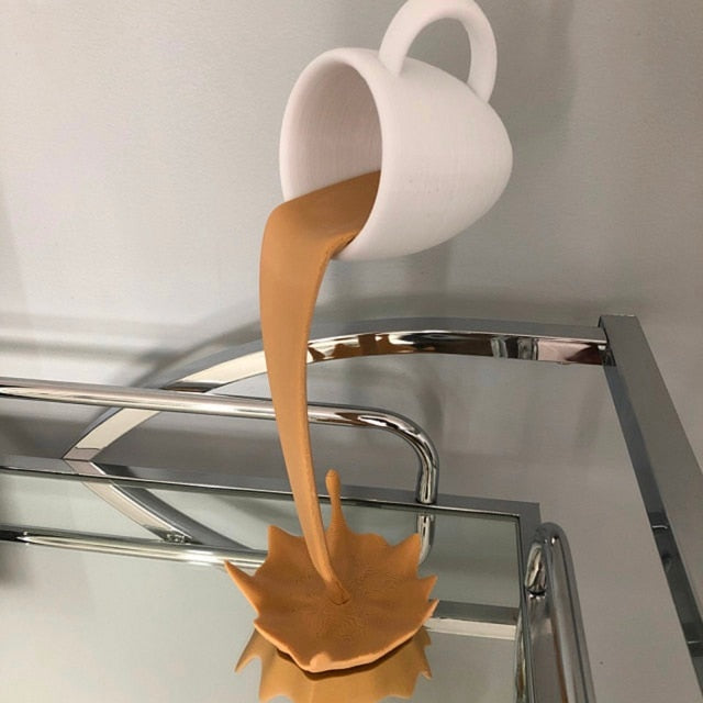 Floating Coffee Cup Mug Sculpture Kitchen Decor Pouring Spilling Decoration PearlNestDecor.com