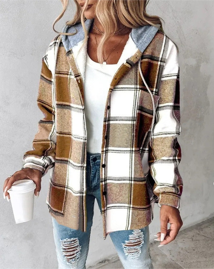 Plaid Hooded Jacket Fashion Casual Button Pocket Coat Autumn And Winter Women's Clothing LuxuryLifeWay Online Store