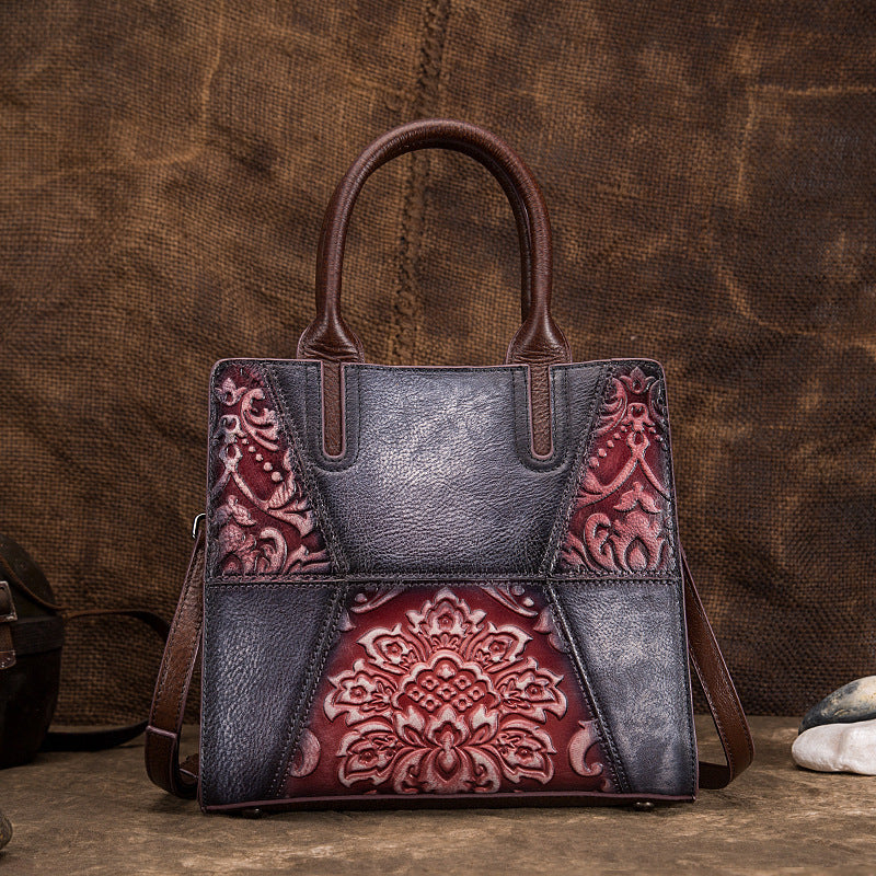 Vintage Tree Embossed Leather Handbag - First Layer Cowhide Retro Women's Purse with Floral Hand-Painting (25x23x11cm) LadyShow.Store