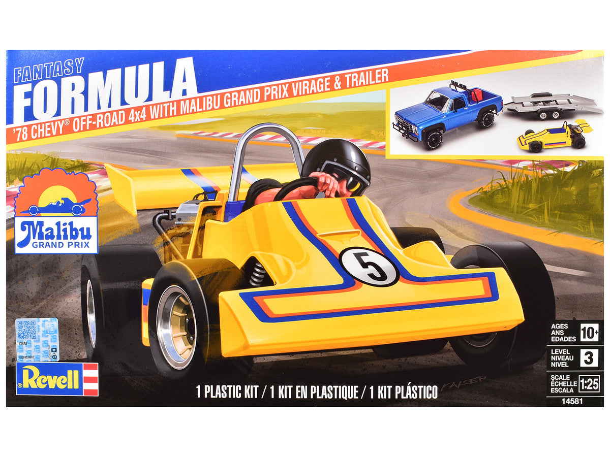 Level 3 Model Kit 1978 Chevrolet Off-Road 4x4 Pickup Truck and "Malibu Grand Prix" Virage with Trailer "Fantasy Formula" 1/25 Scale Model by Revell LuxuryLifeWay Online Store