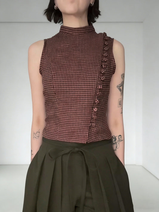 Red Black Gingham Turtleneck Sleeveless Side Ruffle Crop Top NorixaFashion.com