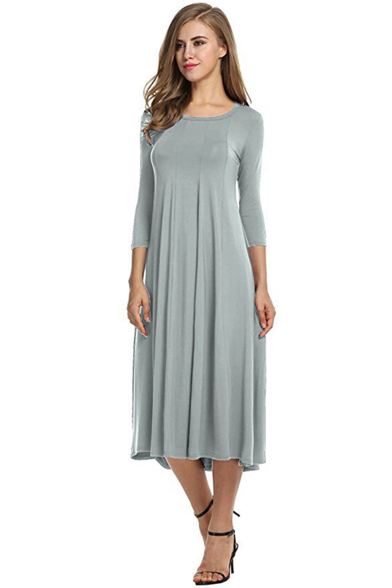 Crew Neck Sleeve Solid Color Swing Dress LuxuryLifeWay Online Store