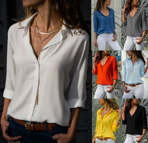 Long sleeve ladies lapel button shirt NorixaFashion.com