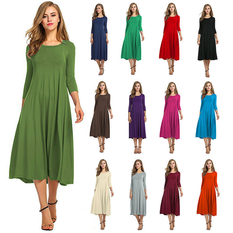 Crew Neck Sleeve Solid Color Swing Dress LuxuryLifeWay Online Store