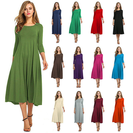 Crew Neck Sleeve Solid Color Swing Dress LuxuryLifeWay Online Store