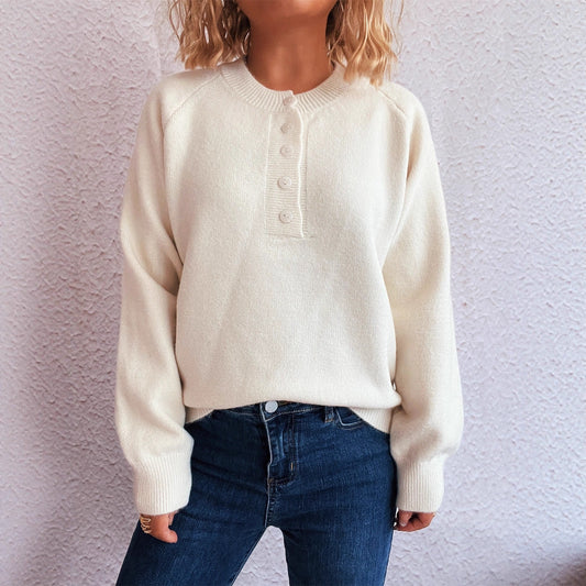 Women's Solid Color Buttons Casual Knitted Round Neck Long Sleeve Warm Sweater