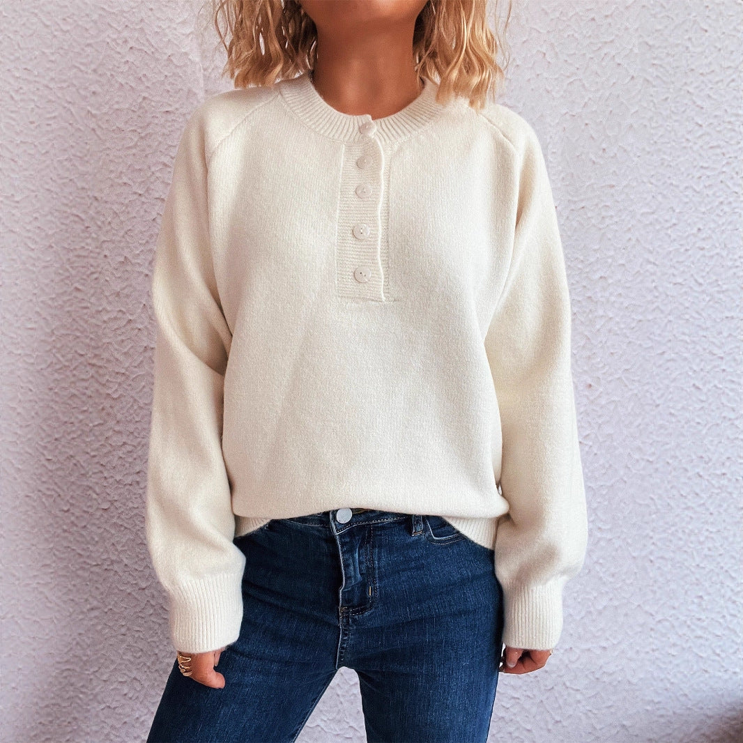 Women's Solid Color Buttons Casual Knitted Round Neck Long Sleeve Warm Sweater LadyShow.Store