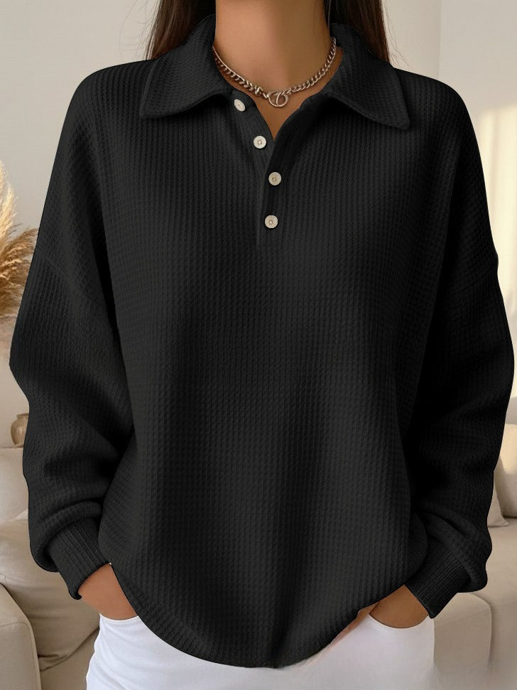 Loose Solid Color Versatile Lapel Polo Shirt Waffle Long Sleeve NorixaFashion.com