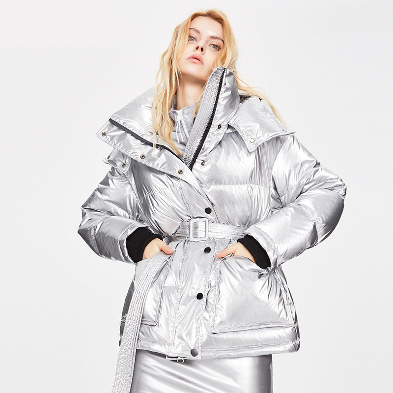 Winter Jacket Thick Mid-length Waist White Duck Down Jackets Slim Belt Silver Shiny Parka Women Coat CJD