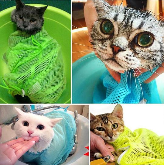 Pet Soft Cat Grooming Bag Adjustable Multifunctional Polyester Cat Washing Shower Mesh Bags Pet Nail Trimming Bags Pets Fashion